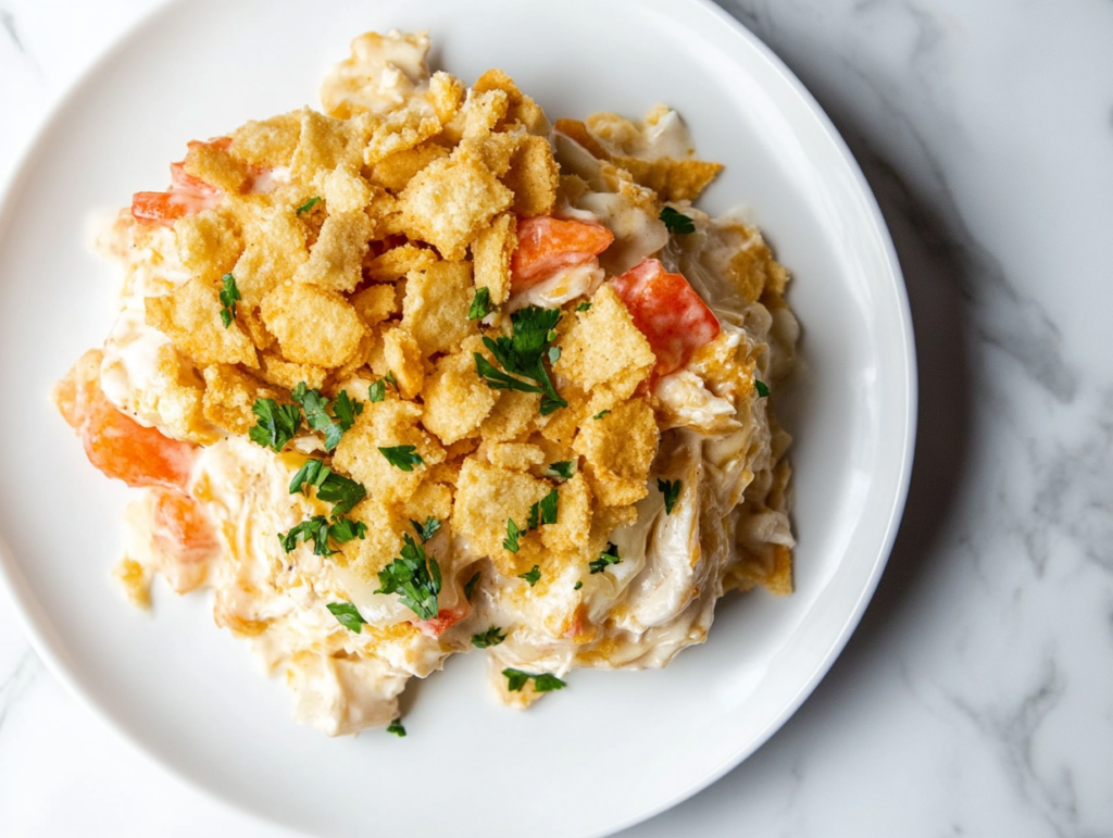 This image shows a perfectly baked Million Dollar Chicken Casserole in a black ceramic dish, placed on a clean white marble countertop with no background clutter.