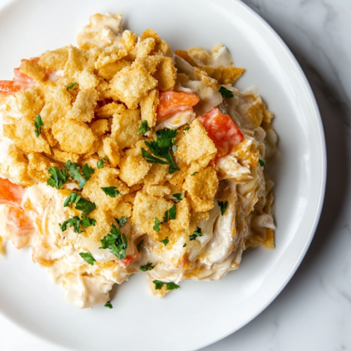 This image shows a perfectly baked Million Dollar Chicken Casserole in a black ceramic dish, placed on a clean white marble countertop with no background clutter.