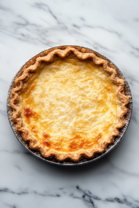This image shows a freshly baked buttermilk pie with a golden top resting in a silver pan on a clean white marble cooktop.