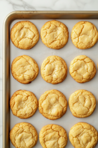 This image shows a baking tray filled with freshly baked golden milk cookies resting on a clean white marble countertop, cookies puffed and slightly golden around the edges.