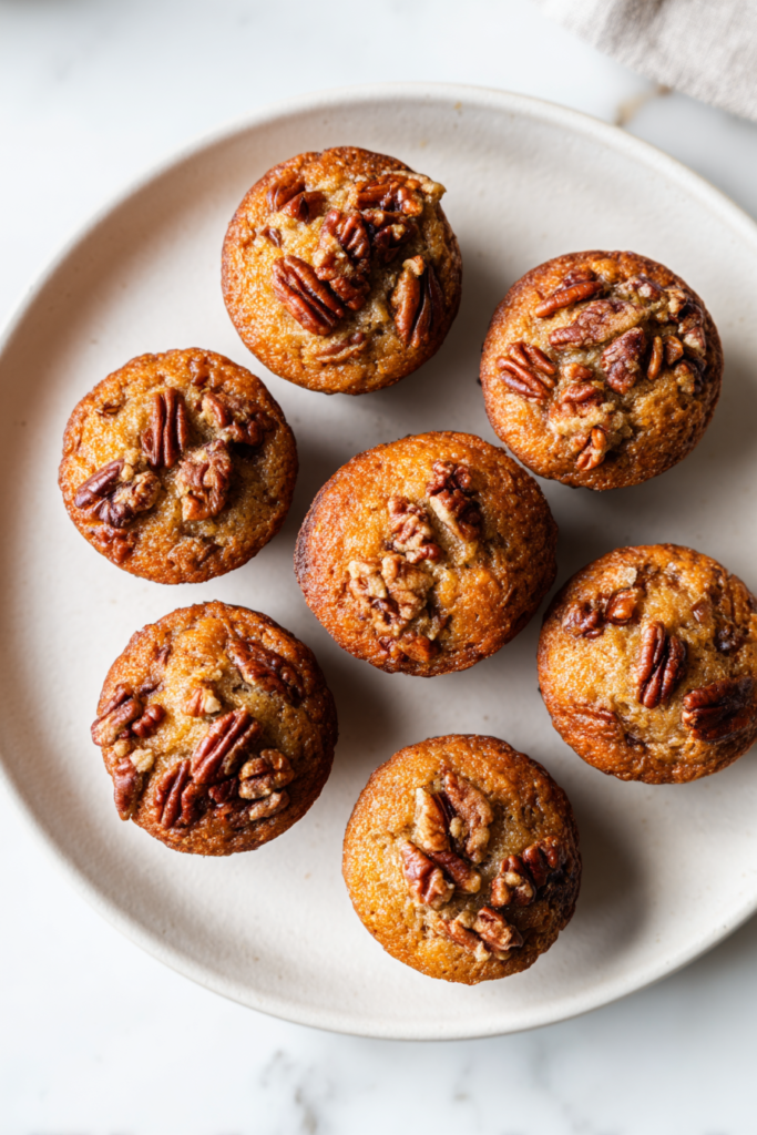 freshly-baked-pecan-muffins-in-pan-on-white-marble