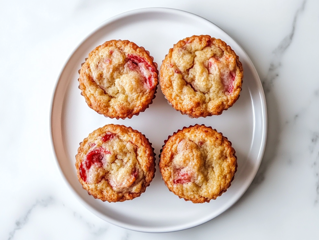 freshly-baked-strawberry-rhubarb-muffins-on-white-marble-top