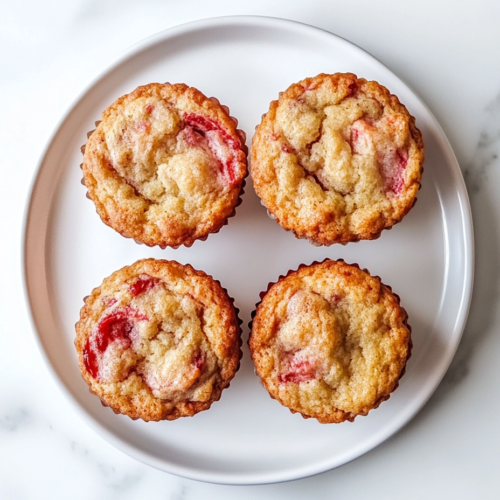 freshly-baked-strawberry-rhubarb-muffins-on-white-marble-top