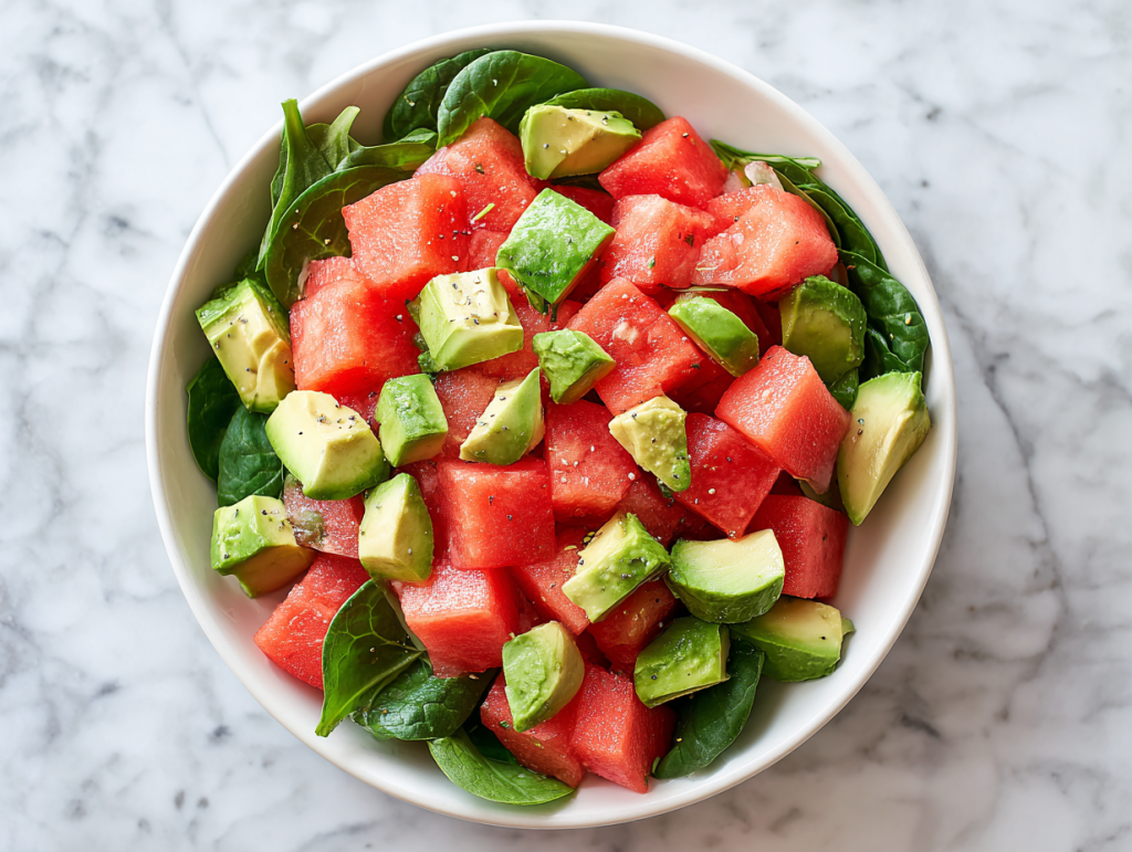 freshly-prepared-watermelon-avocado-salad-in-white-ceramic-bowl