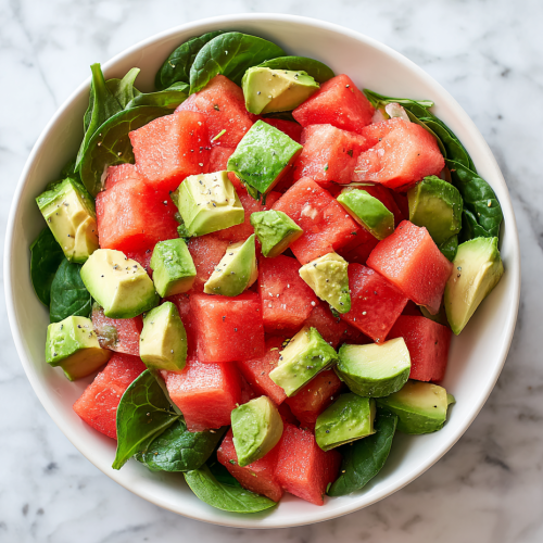 freshly-prepared-watermelon-avocado-salad-in-white-ceramic-bowl