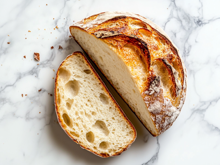 This image shows a rustic, golden sourdough loaf with a shallow slit on top, resting on white parchment paper placed over a white marble countertop. Clean, minimal, top-down shot.