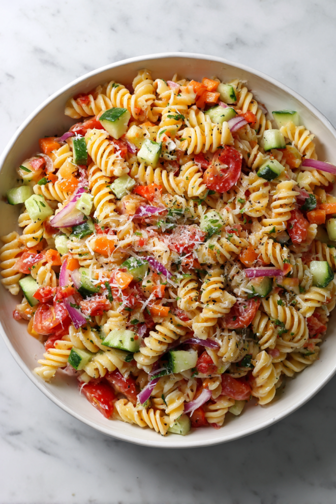 fully-mixed-pasta-salad-in-glass-bowl-on-marble