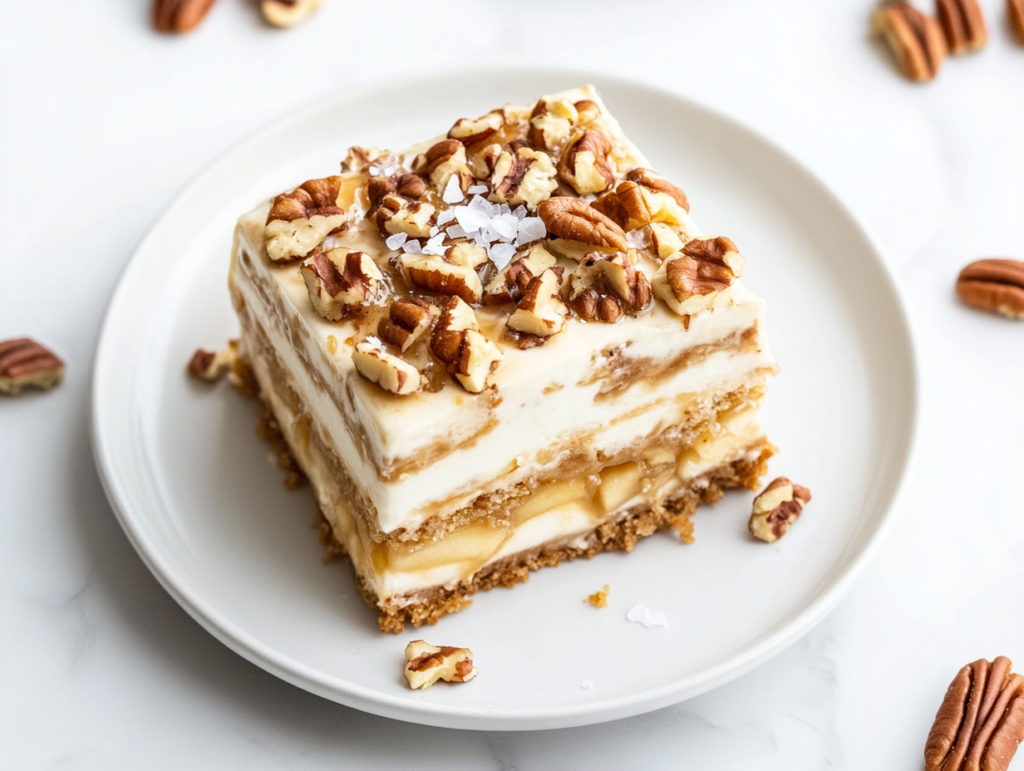 This image shows a fully assembled no-bake caramel cream cake, richly layered with golden caramel and chopped pecans on top, served on a round white ceramic plate, captured from a top-down view on a clean white marble countertop.