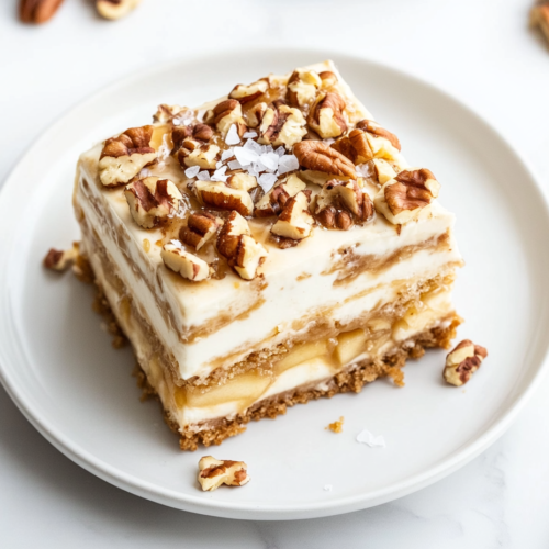 This image shows a fully assembled no-bake caramel cream cake, richly layered with golden caramel and chopped pecans on top, served on a round white ceramic plate, captured from a top-down view on a clean white marble countertop.