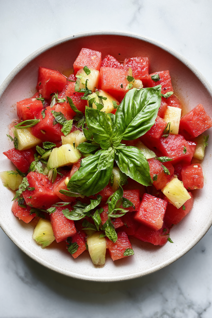 garnished-salad-with-basil-lime-white-marble-top
