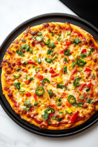 This image shows a baked Mexican pizza on a black tray, garnished with fresh cilantro, resting on a clean white marble countertop.