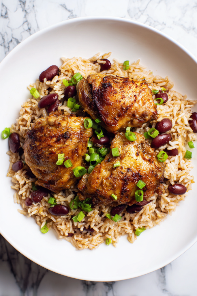 garnishing-caribbean-chicken-and-rice-with-green-onions-2