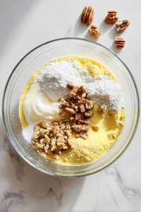 glass-bowl-filled-with-cake-mix-eggs-oil-frosting-and-pecans-on-white-marble