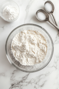 glass-bowl-of-flour-sugar-baking-soda-salt-on-white-marble