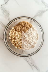 This image shows a clean glass bowl on a white marble surface containing rolled oats, brown sugar, and flour, prepared for the rhubarb crisp topping.