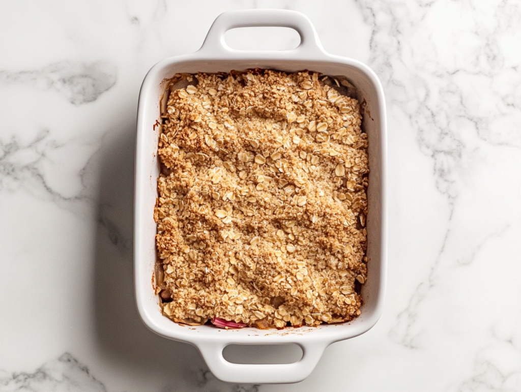 This image shows a fully baked rhubarb crisp served in a white ceramic round plate, resting on a spotless white marble countertop, with no background clutter.