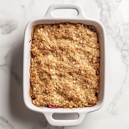 This image shows a fully baked rhubarb crisp served in a white ceramic round plate, resting on a spotless white marble countertop, with no background clutter.
