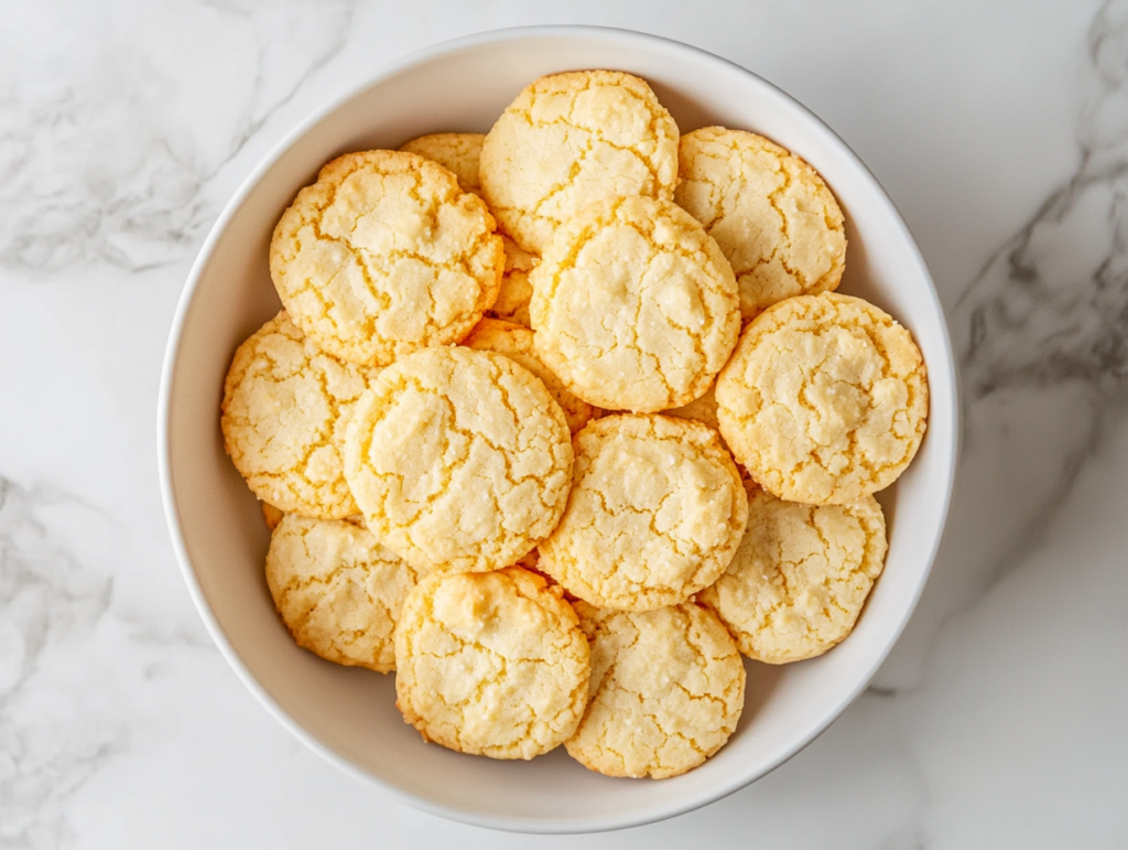 This image shows freshly baked golden milk cookies placed on a matte white ceramic plate over a clean white marble countertop, with natural light casting soft shadows and no background clutter.