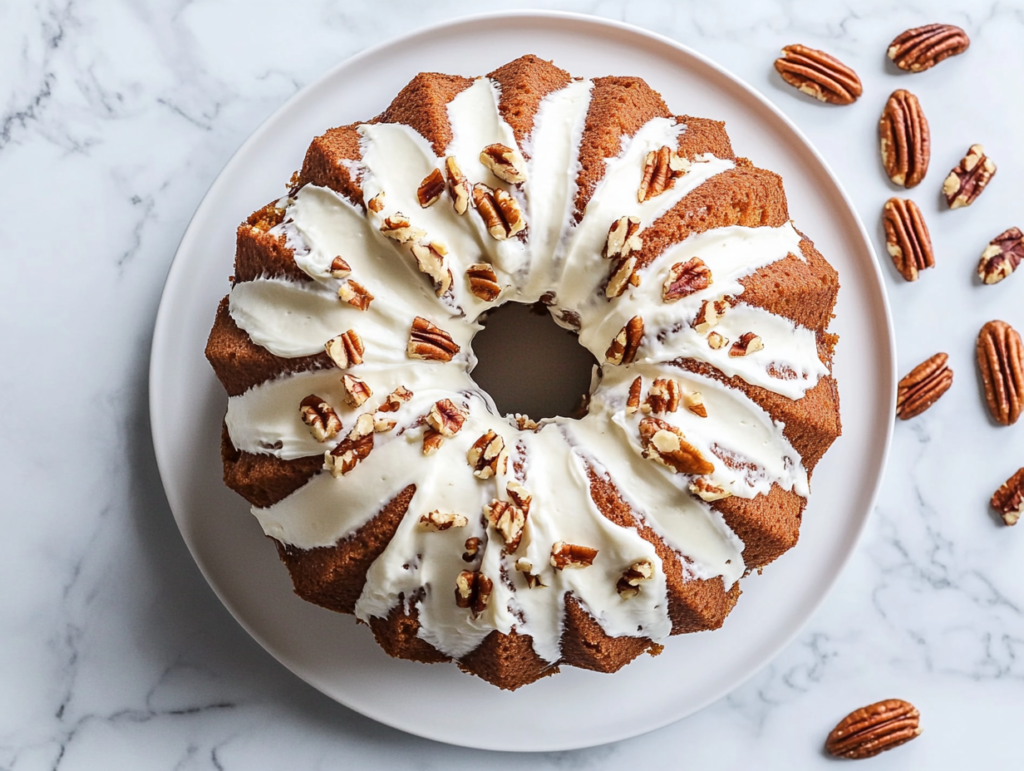 golden-moist-nothing-bundt-cake-frosted-beautifully-on-white-marble