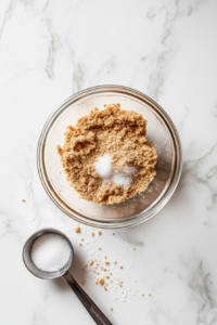 This image shows a top-down view of graham cracker crumbs mixed with melted butter and sugar in a clear glass bowl on a white marble countertop.