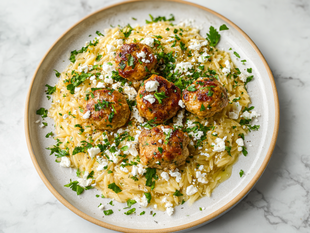 greek-chicken-meatballs-with-lemon-orzo-on-white-marble