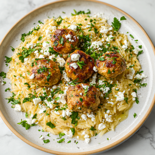 greek-chicken-meatballs-with-lemon-orzo-on-white-marble