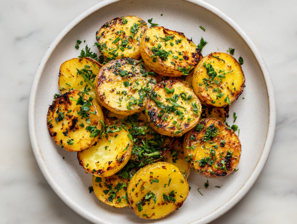 grilled-potatoes-on-white-round-plate-minimalist-marble-background
