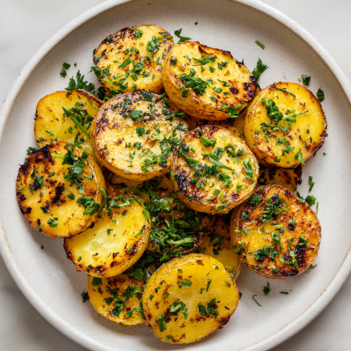 grilled-potatoes-on-white-round-plate-minimalist-marble-background