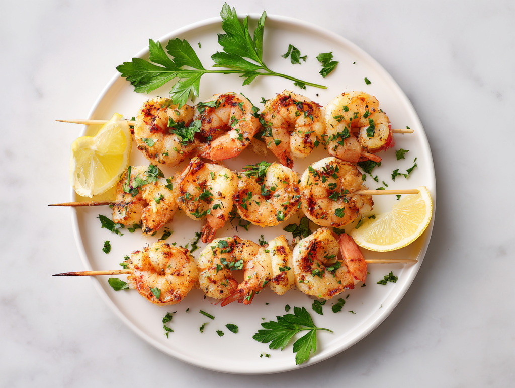 grilled-shrimp-skewers-on-white-marble-iphone16-topdown