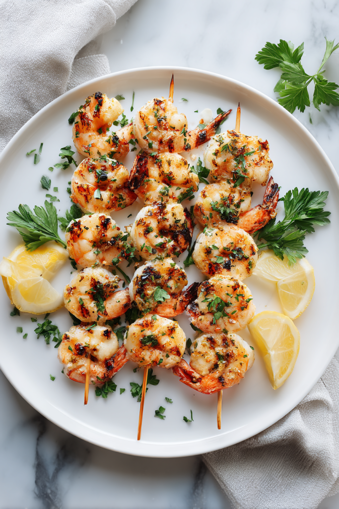 grilled-shrimp-with-lemon-and-parsley-on-plate-on-white-marble