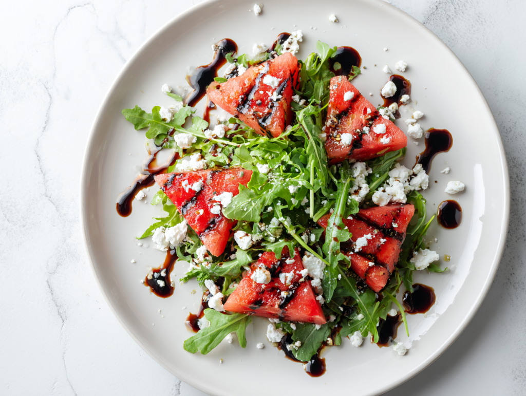 grilled-watermelon-salad-on-white-marble-arugula-cheese-feta