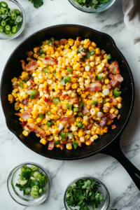 This image shows corn being grilled in a black cast-iron skillet with small glass bowls of prepped cilantro, jalapeños, green onions, and diced bacon arranged on a white marble countertop.