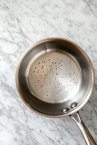 This image shows a top-down shot of a stainless steel saucepan containing 1 cup of water beginning to heat over a clean white marble cooktop.