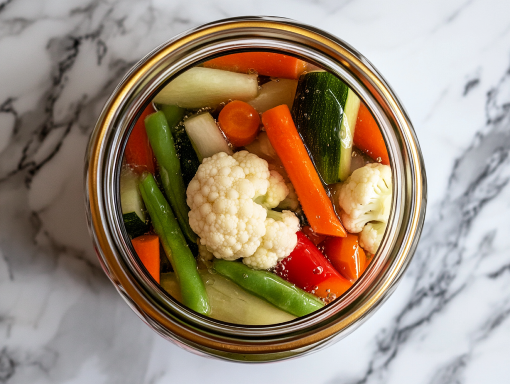 This image shows a vibrant jar of homemade mixed pickles, photographed top-down on a white marble countertop, showcasing the colorful variety of vegetables inside.