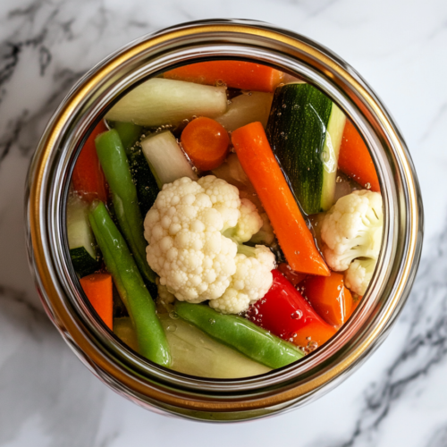 This image shows a vibrant jar of homemade mixed pickles, photographed top-down on a white marble countertop, showcasing the colorful variety of vegetables inside.