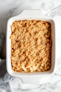 This image shows a layering process inside a white 9x13-inch ceramic dish: graham crackers at the base, followed by pudding mixture and apple filling, over a white marble countertop.