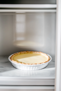 This image shows a freshly filled lemon pie in a graham cracker crust resting on a white marble countertop, ready to set at room temperature before refrigeration.