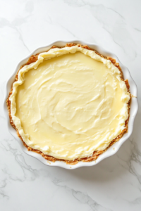 This image shows a freshly filled lemon pie in a graham cracker crust resting on a white marble countertop, ready to set at room temperature before refrigeration.