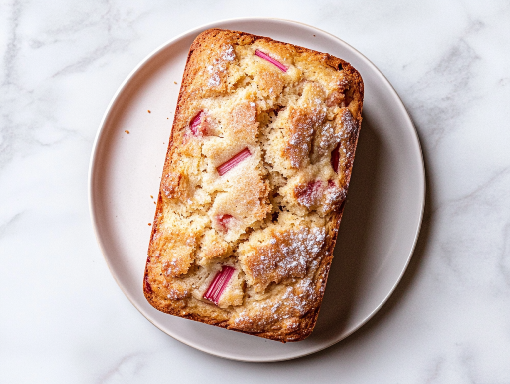lemon-rhubarb-bread-featured-whole-loaf-on-white-plate