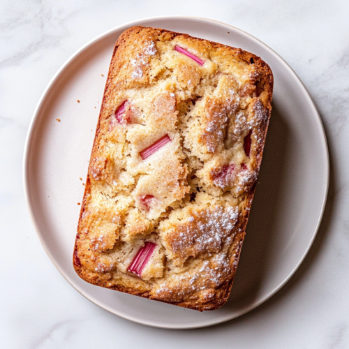 lemon-rhubarb-bread-featured-whole-loaf-on-white-plate