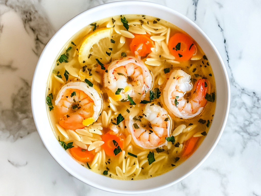 lemon-shrimp-soup-in-white-ceramic-bowl-on-marble