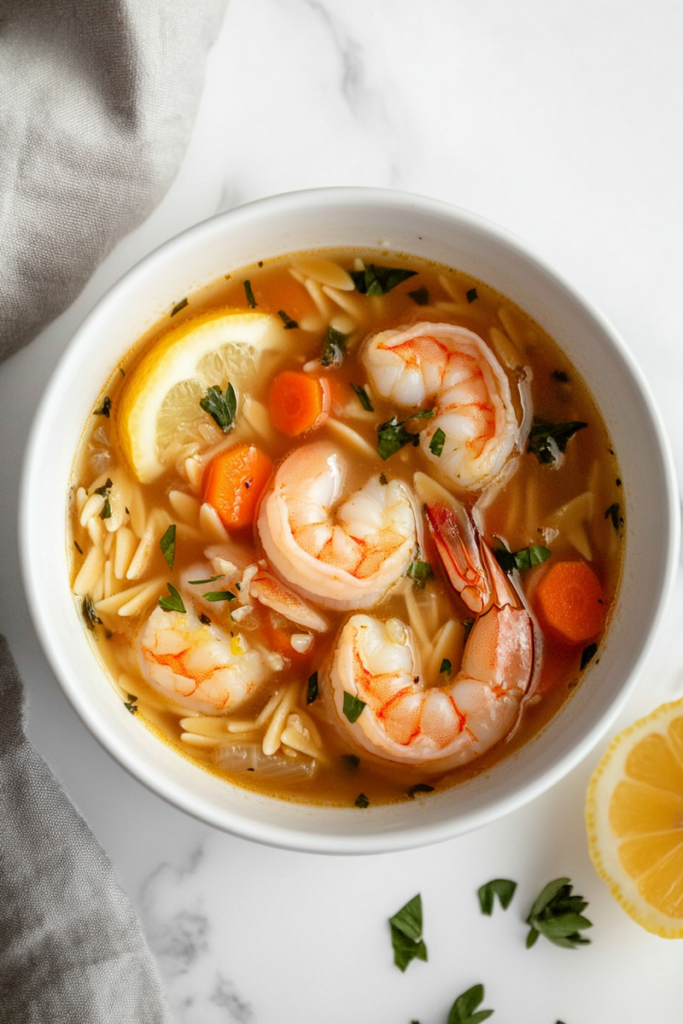 lemon-shrimp-soup-served-in-white-bowl-on-marble-5091465