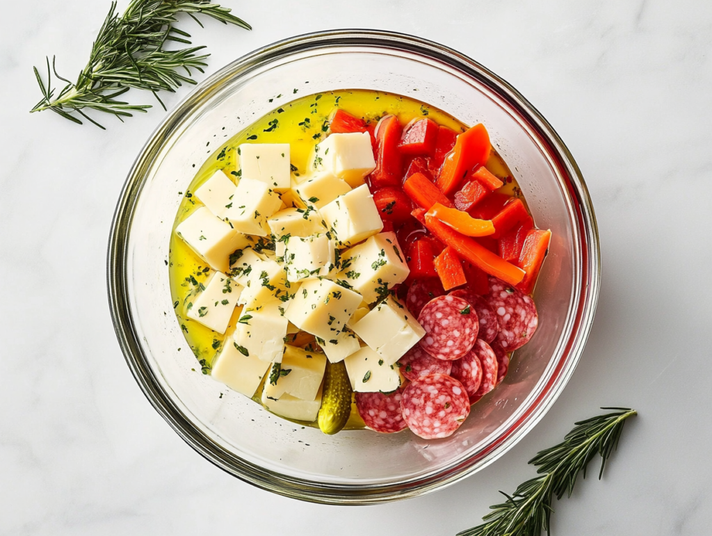 marinated-cheese-appetizer-layered-in-glass-jar-white-marble-countertop