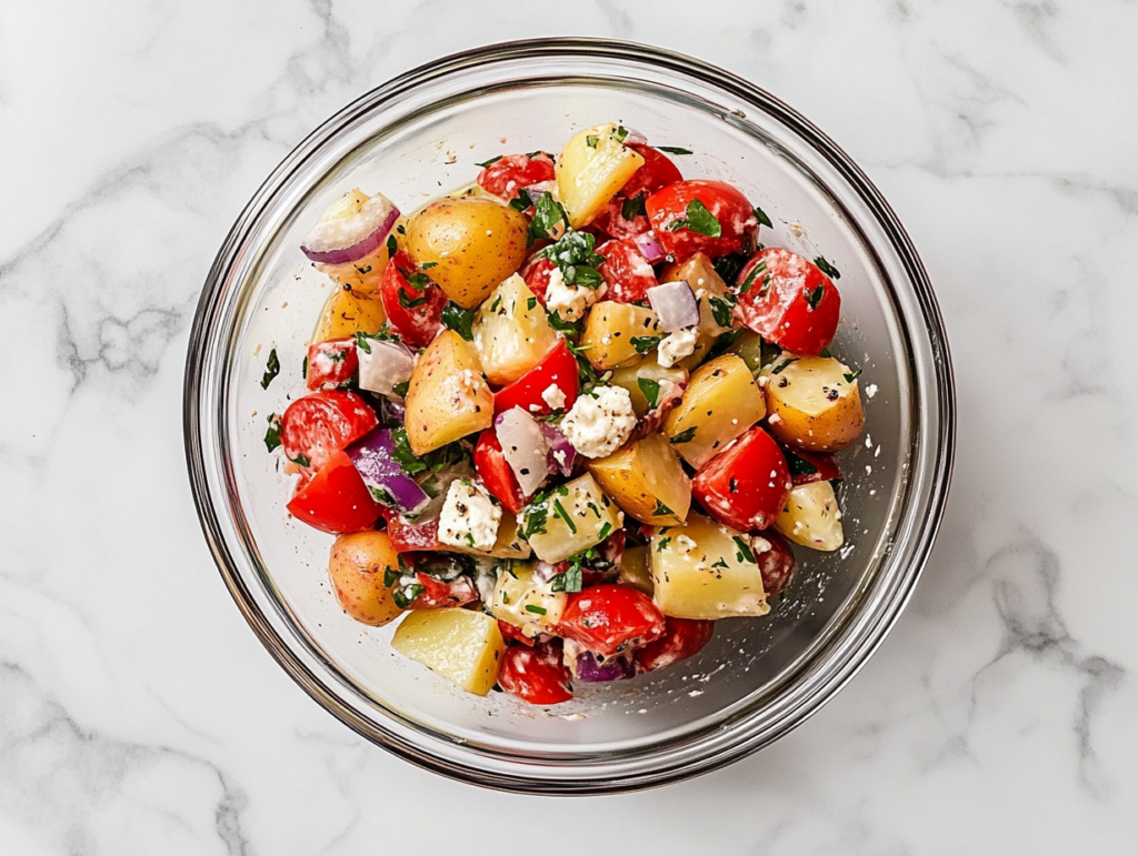 This image shows a finished Mediterranean Greek Potato Salad served in a clear glass bowl, featuring chunky red potatoes and green onions on a white marble surface.