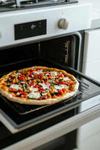 This image shows a fully assembled Mexican pizza placed in the oven on a black tray, ready to bake, with a clean white marble cooktop visible