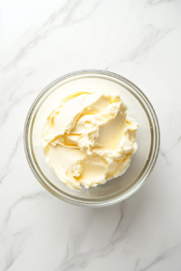 This image shows softened cream cheese in a clear glass bowl after microwaving, sitting on a white marble countertop with bright natural lighting and no background distractions.