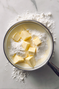 milk-butter-flour-in-small-glass-saucepan-on-white-marble