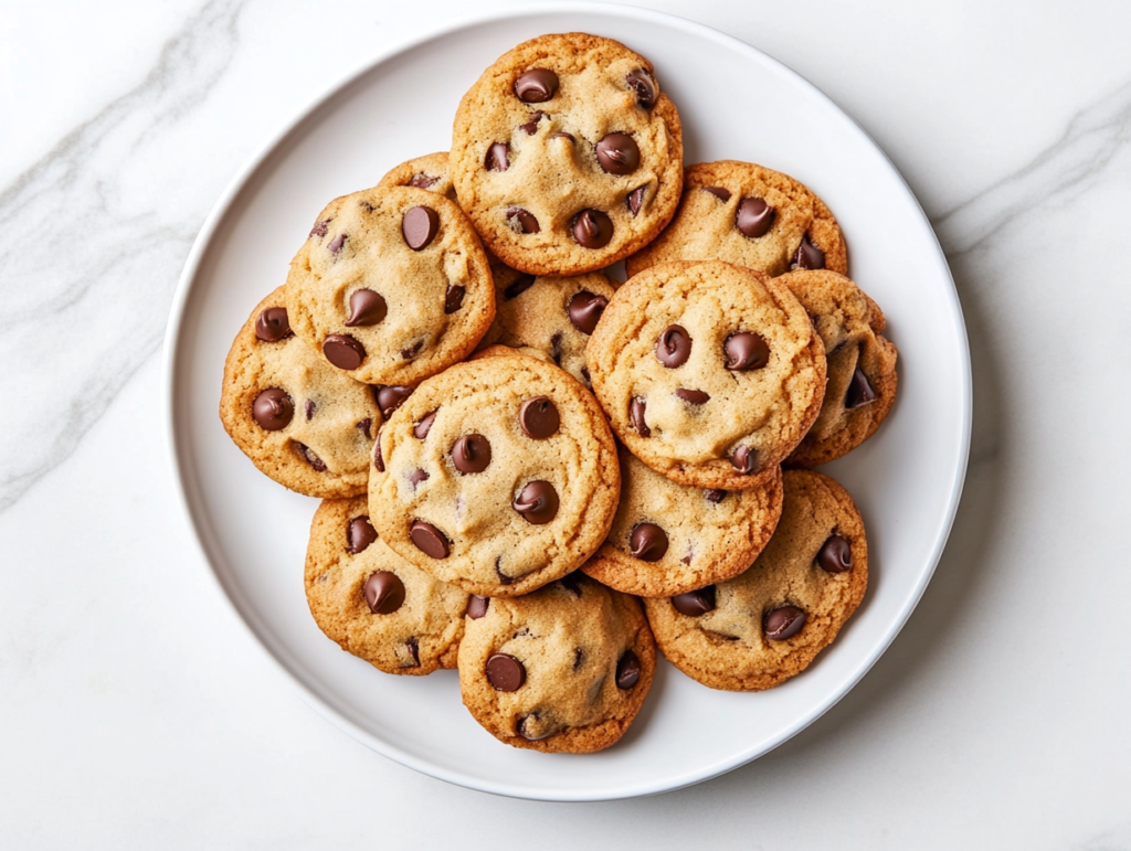 This image shows golden mini chocolate chip cookies perfectly baked on a matte black baking tray, shot top-down on a white marble cooktop with no background clutter.
