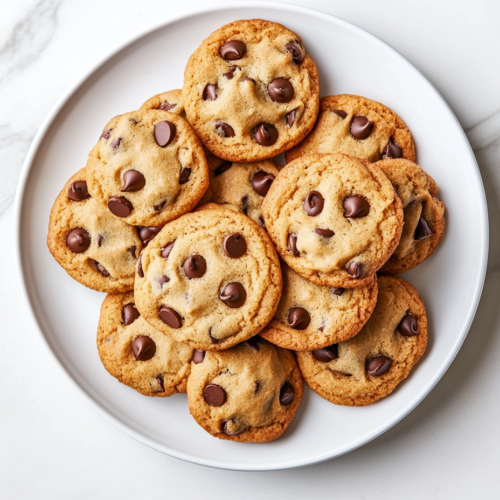 This image shows golden mini chocolate chip cookies perfectly baked on a matte black baking tray, shot top-down on a white marble cooktop with no background clutter.