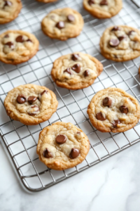 This image shows freshly baked mini cookies on a black tray pulled from the oven, sitting over a white marble cooktop.